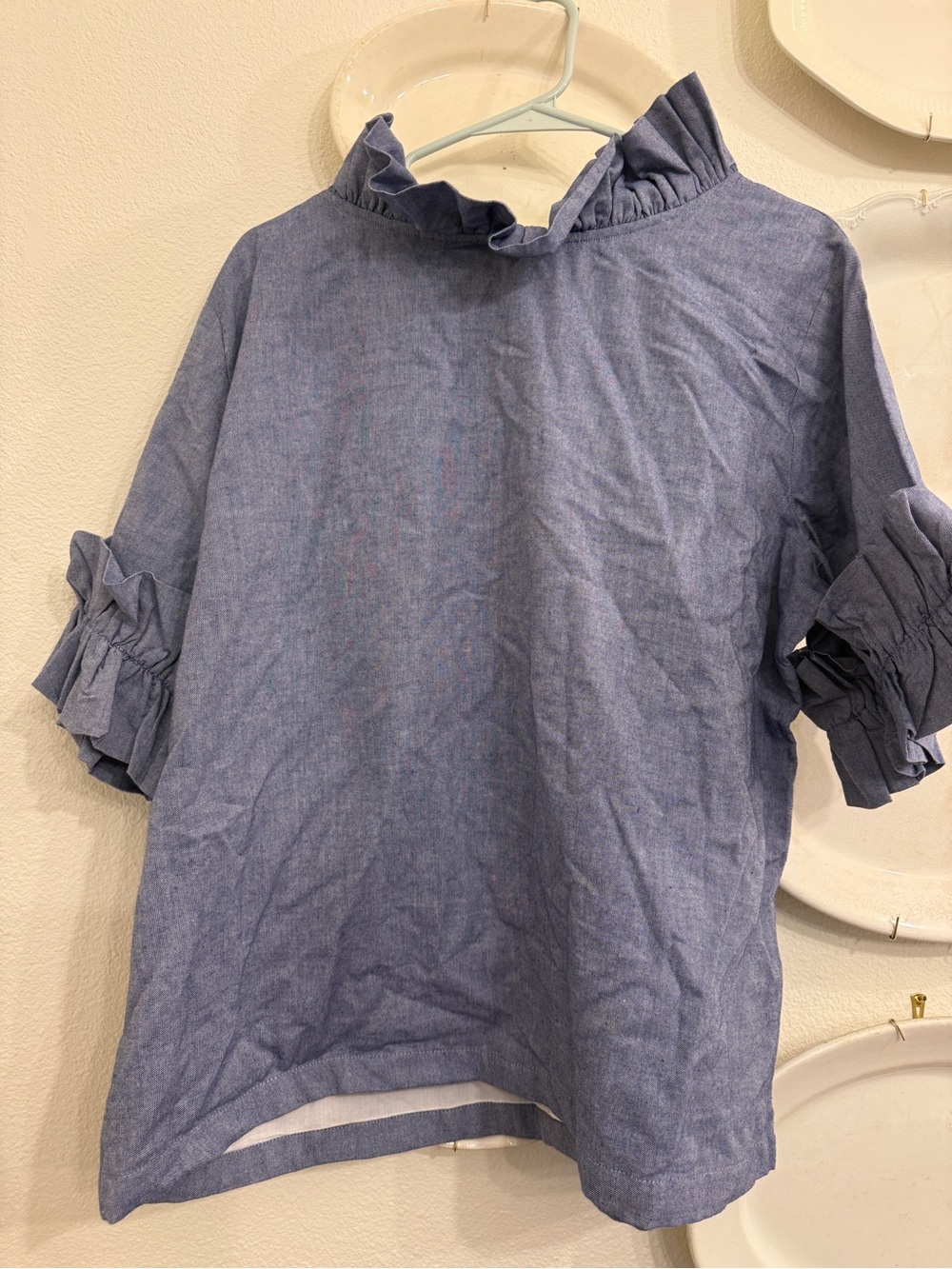 Ruffle Collar Short Sleeve Blouse - Blue